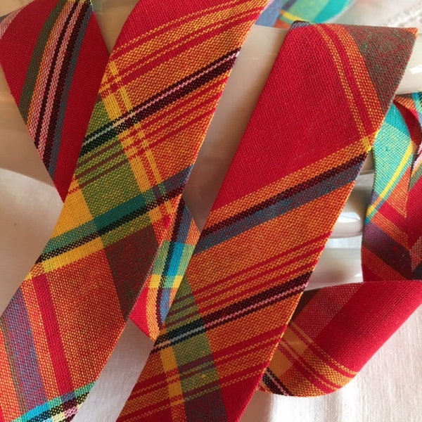 Biais Madras en coton, 27/13.5 mm, fantastiques couleurs, rouge orange vert jaune, vendu au mètre