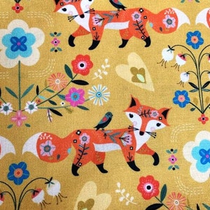 Nieuwe Dashwood-stof, met vossen, tussen bloemen, 110 cm breed, in katoen, naaien, patchwork, wordt hier verkocht met een hoogte van 50 cm afbeelding 3