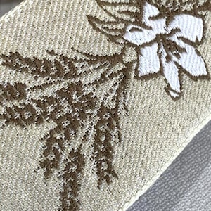 Galon de Passementerie, large de 5 cm, en lin 50 %, coton 25, et polyester 25 aussi, avec des épis de blé, et fleur blanche, vendu au mètre
