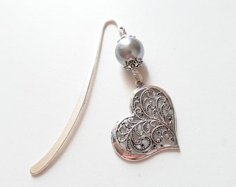 Gray Pearl and silver heart bookmark