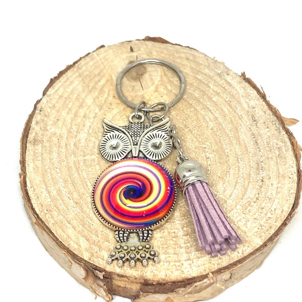 Multicolored and purple owl key ring