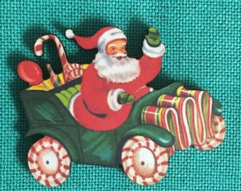 Santa in His North Pole Candy Car/Retro Christmas Wooden Needle Minder (Large Minder)