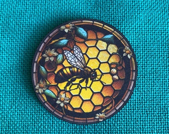 Stained Glass Bee | Wooden Needle Minder | Cover Minder