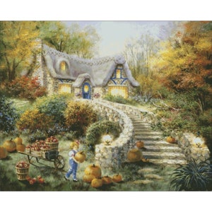 May include: A charming stone cottage with a thatched roof sits on a hill overlooking a lush green lawn. A child carries a pumpkin down a stone path lined with pumpkins and apples. The scene is bathed in warm autumn light.