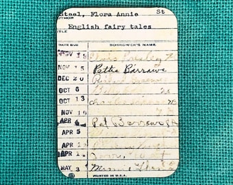 Tarjeta de libro de biblioteca vintage / Recordatorio de agujas de madera / Recordatorio de portada