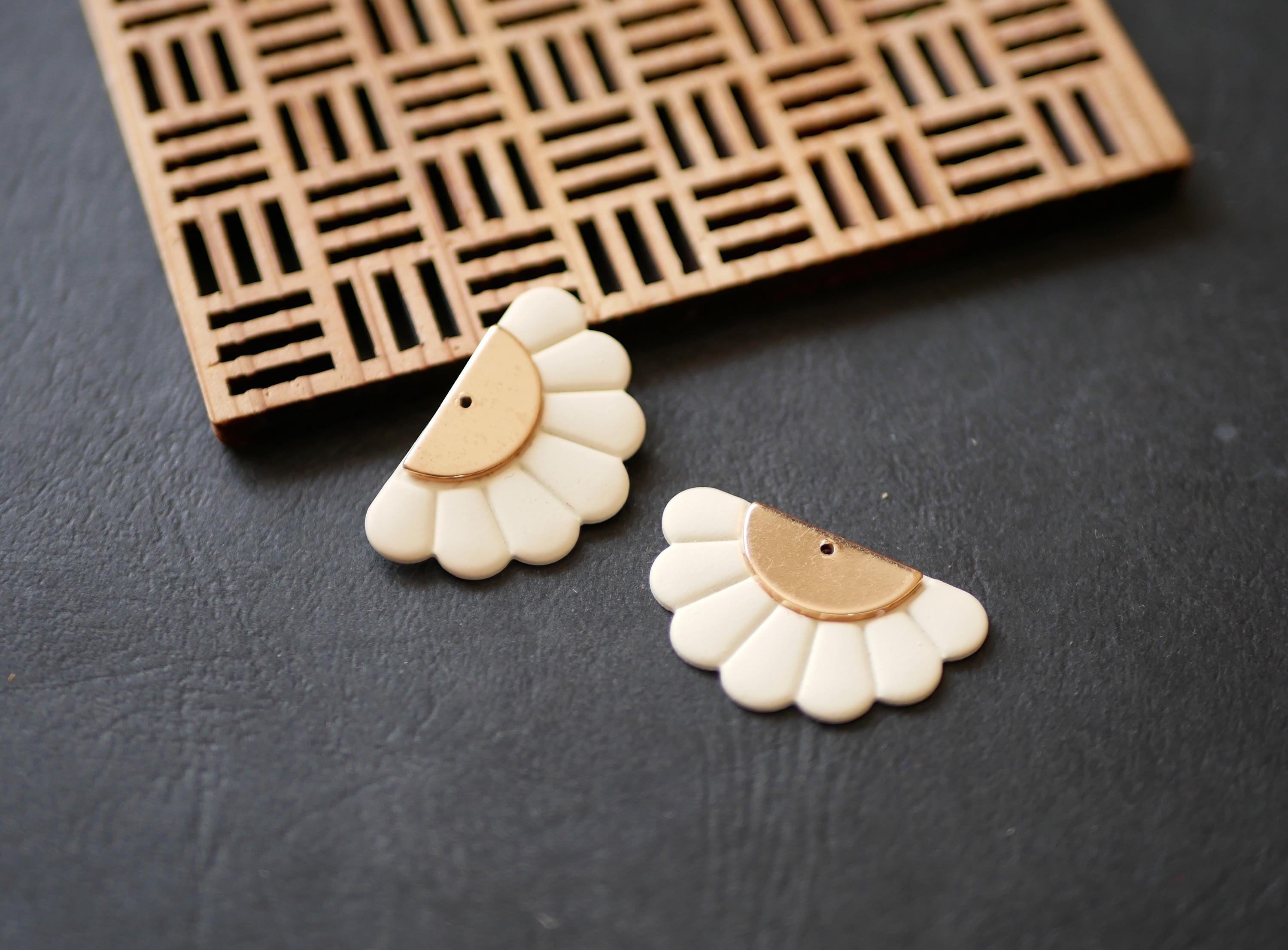 Gold and White Half Moon Pendant, Half Circle Earrings, Soft