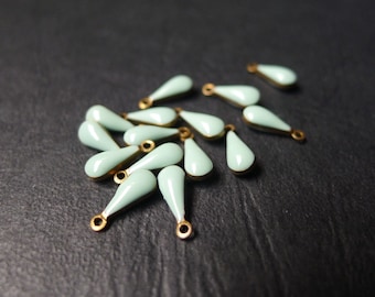 10 breloques gouttes, laiton bronze et émail bleu pastel, vert eau, 4x10mm