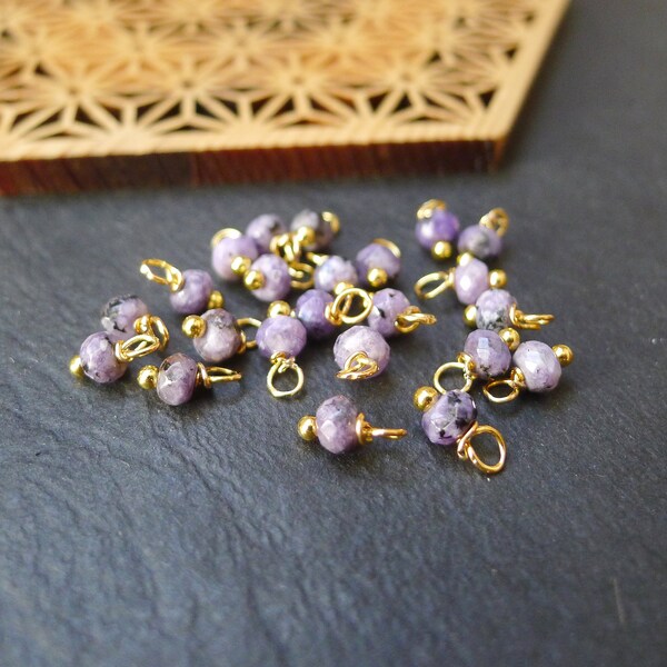 20 perles rondes à facettes en jade violet et doré 4x8mm