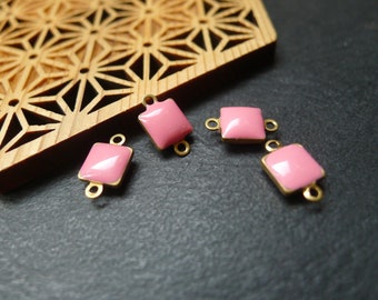 4 square bronze, brass and pink enamel connectors, 6x12mm