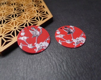 x2 pendentif breloque sequin rond , rouge, motif fleurs , 25mm