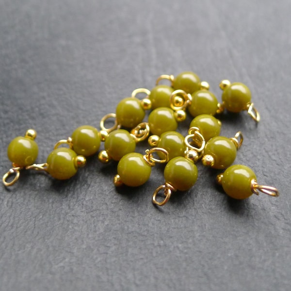 40 perles rondes en verre vert kaki 4x8mm breloques doré ou bronze