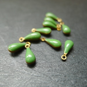 x10 small apple green enamel charm, mini gold drop, 4x10mm, for jewelry making
