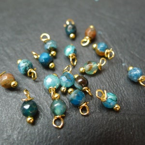 x20 round beads, faceted jade stone, blue brown, 4x8mm, golden charms image 2