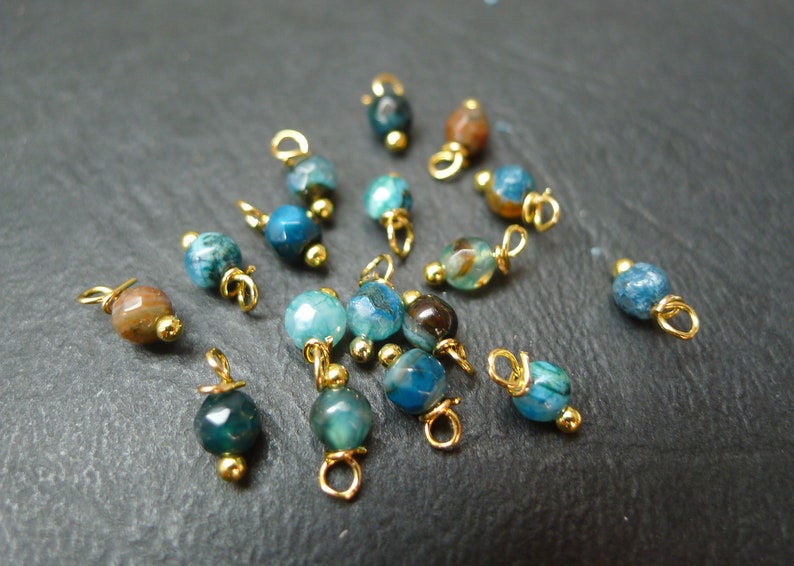 x20 round beads, faceted jade stone, blue brown, 4x8mm, golden charms image 2