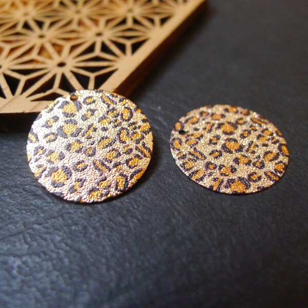 x2 pendentif sequin rond noir doré leopard 20mm