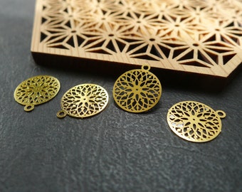 4 Round sequin charms print filigree gold 12x14mm ethnic
