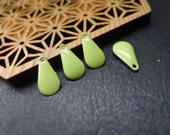 4 breloques sequins gouttes, émail vert anis, 6x12mm