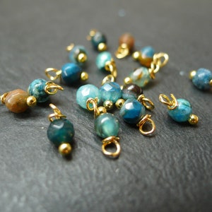 x20 round beads, faceted jade stone, blue brown, 4x8mm, golden charms image 1