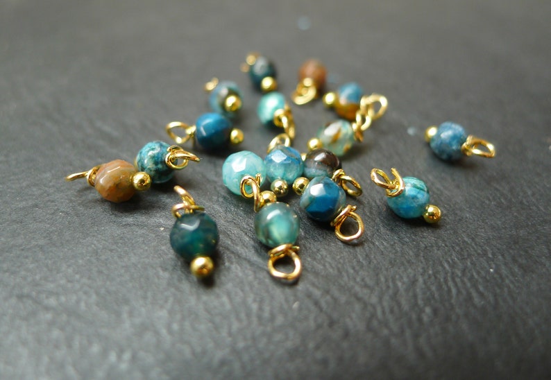 x20 round beads, faceted jade stone, blue brown, 4x8mm, golden charms image 1