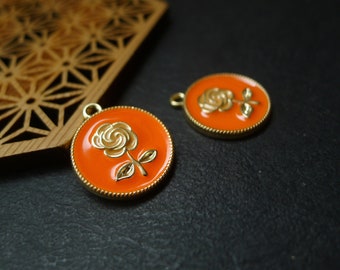 2 breloques émaillées fleurs rose, orange et doré 18x20mm