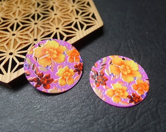 x2 pendentif breloque sequin rond , orange et rose, motif fleurs , 25mm