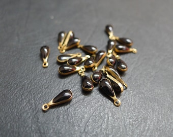 10 breloques gouttes, laiton bronze et émail noir, 4x10Mm