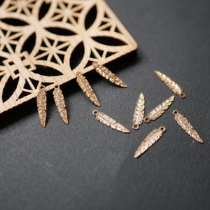 May include: Close-up of small, gold-coloured feather charms scattered on a dark surface. The charms have a detailed feather design and small loops for attaching to jewellery. A wooden, decorative cutout is in the background.