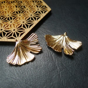 2 Bohemian gold Ginkgo leaf pendant charms 25x32mm