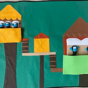 May include: A felt play mat with a green background featuring three tree houses. Each tree house has a different number of felt finger puppets. The puppets are black with blue faces. The tree houses are yellow and brown.