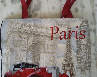 Sac tissu avec bandoulière thème Paris voiture rétro. Paris années folles