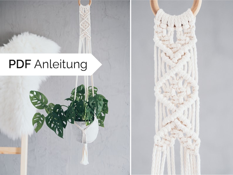 Puede incluir: Un macram&eacute; blanco para colgar plantas con un anillo de madera en la parte superior. El macram&eacute; sostiene una planta en maceta con hojas verdes. El texto "PDF Anleitung" es visible en la imagen.