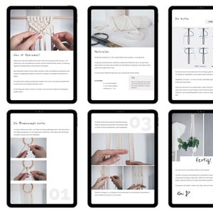 Puede incluir: Una gu&iacute;a digital para crear un macram&eacute; para colgar plantas. La gu&iacute;a incluye instrucciones, materiales e im&aacute;genes del producto terminado. La gu&iacute;a se titula "Vorschau" y presenta un macram&eacute; blanco para colgar plantas con una planta verde.