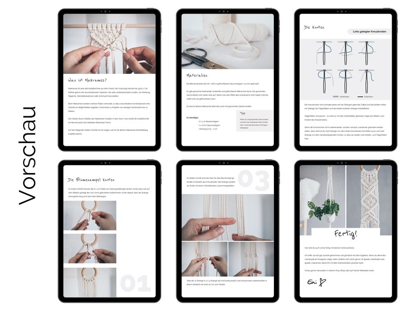 Puede incluir: Una gu&iacute;a digital para crear un macram&eacute; para colgar plantas. La gu&iacute;a incluye instrucciones, materiales e im&aacute;genes del producto terminado. La gu&iacute;a se titula "Vorschau" y presenta un macram&eacute; blanco para colgar plantas con una planta verde.