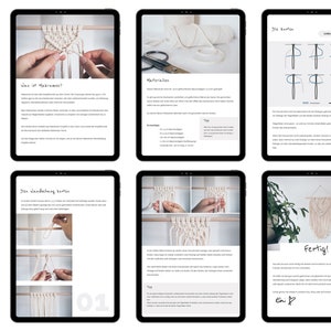 May include: A digital tablet displaying a step-by-step guide to macrame, featuring a close-up of a hand tying a knot, a diagram of the knots, and a finished macrame wall hanging. The text on the screen reads "Was ist Makrame?" and "Den Wandechang karma".
