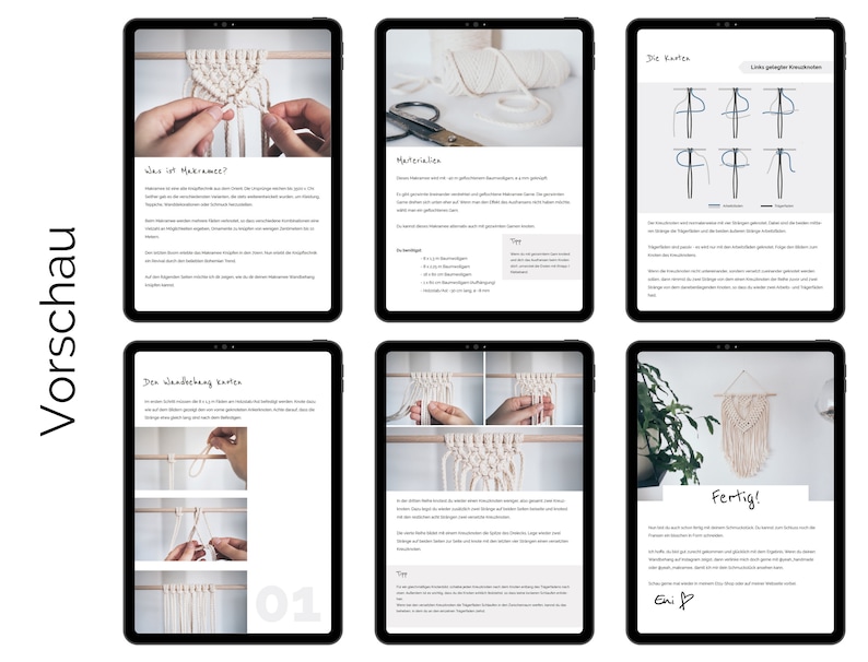 May include: A digital tablet displaying a step-by-step guide to macrame, featuring a close-up of a hand tying a knot, a diagram of the knots, and a finished macrame wall hanging. The text on the screen reads "Was ist Makrame?" and "Den Wandechang karma".