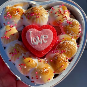 May include: A heart-shaped tin filled with a ring of toasted marshmallows topped with pink and white sprinkles. A red heart-shaped candy with the word "love" in white lettering is in the center.