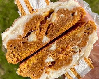 May include: A close-up of a split cookie with white chocolate chips and a layer of white frosting. The cookie is topped with a square of graham cracker.