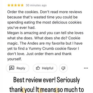 Puede incluir: Una rese&ntilde;a de cinco estrellas para las galletas. La rese&ntilde;a dice: "Pide las galletas. No leas m&aacute;s rese&ntilde;as porque es tiempo perdido que podr&iacute;as estar dedicando a comer las galletas m&aacute;s deliciosas que hayas probado. Megan es incre&iacute;ble y se nota que le encanta lo que hace. &iquest;Qu&eacute; hace? Magia con galletas. Las Andes son mis favoritas, pero a&uacute;n no he encontrado un sabor de galleta Yummy Crumb que no me guste. Simplemente p&iacute;delas y agradece a ti mismo."