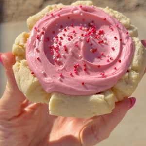 Puede incluir: Primer plano de una galleta glaseada. La galleta tiene una gruesa capa de glaseado rosa, cubierta con chispas rojas, rosas y blancas. La galleta se sostiene en una mano, con un fondo borroso.