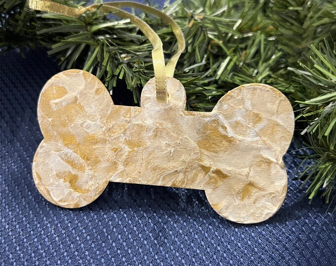 Dog Bone Paint Pour Ornament - Wood - Gold & White - Christmas Ornament