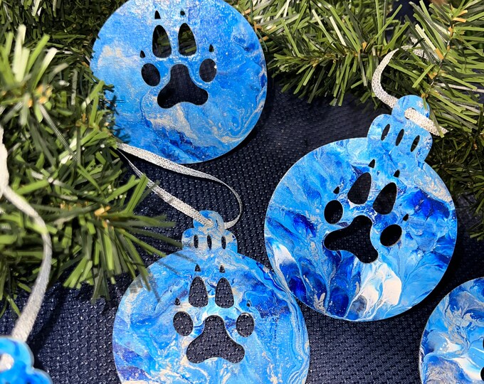 Paw Print Paint Pour Ornament - Wood - Blue & White - Christmas Ornament