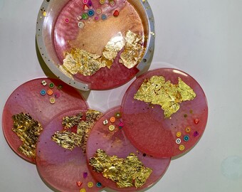 Pink & Gold Coaster Set with Holder