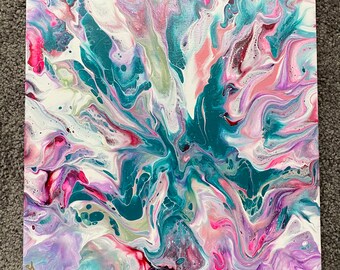 Neon Pink, Teal & Purple - Acrylic Pour Painting - 12 x 12”