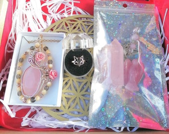 Box douceur et réconfort quartz rose, cadeaux d'amour bijoux minéraux