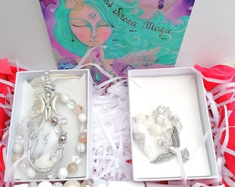 Mineral jewelry set, triple moon opal dendrite talisman, spiritual Mother's Day box