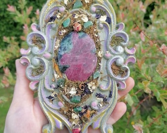 Aurora mirror "Enchanted Forest", spiritual decoration ruby zoisite moss agate, mineral frames, Mother's Day frame