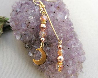 Golden asymmetrical hematite moon earrings