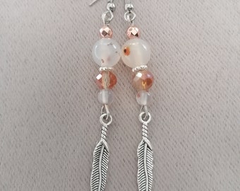 Feather earrings, White Montana feather agate