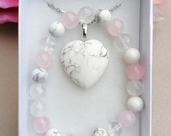 Parure cœur howlite, cadeau d'amour