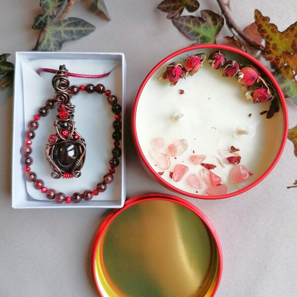 Ensemble grenat étoilée bracelet et bougie Félicité senteur rose soja, cadeaux de Noël grenat